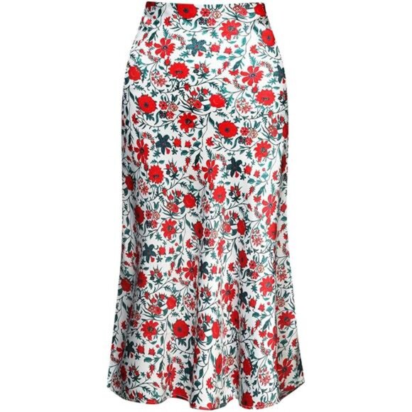 Women Midi Length High Waist Satin Floral 02 - Picture 1 of 7